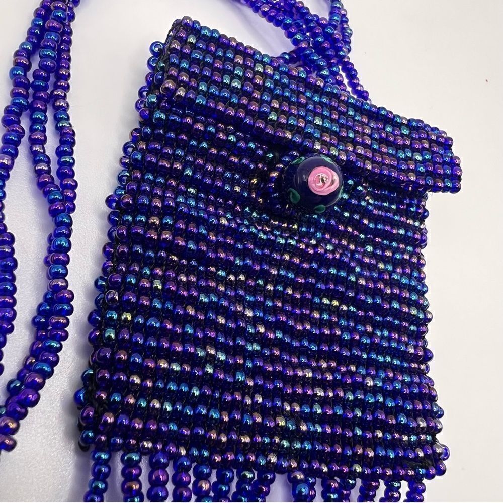Vintage Purple Color Beaded Amulet Pouch Necklace with Rose Glass Bead - Picture 5 of 8